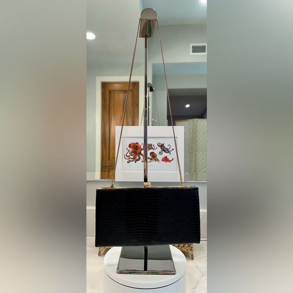 Vintage Ideal - Black Patent Leather, Lizard-Skin-Embossed Clutch/Purse EUC - Picture 7 of 17